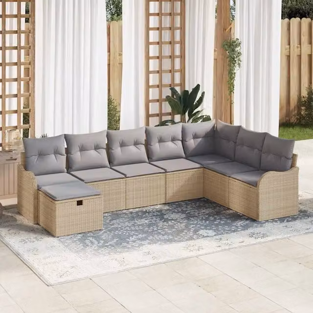 Set Divano da Giardino a L vidaXL in Polyrattan Beige con 8 Pezzi e Ottoman