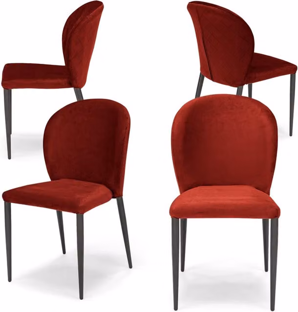 Set 4 sedie da pranzo imbottite in velluto GHIBLI LUX MADE IN ITALY, schienale a poltroncina, gambe robuste in metallo, design moderno, tessuto idrorepellente, colore Rosso