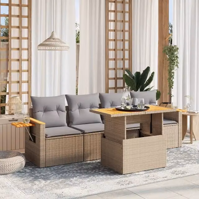 Set Divano da Giardino 5 pz con Cuscini-Sofa da Giardino-Divanetto da esterno Beige in Polyrattan 569416