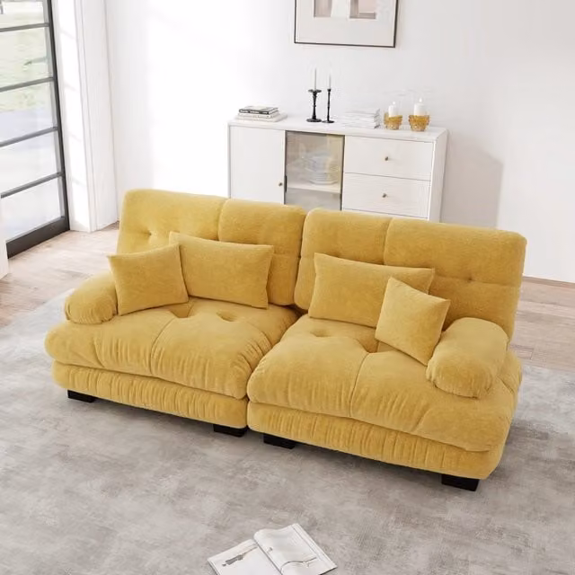 Divano 2 posti in ciniglia giallo per soggiorno, divano angolare stile nuvola con 4 cuscini, telaio in legno massello, 220x77x81 cm