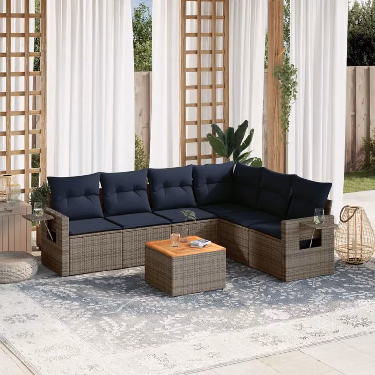 Set di divani da giardino vidaXL in polyrattan grigio con cuscini e tavolino da esterno a forma di L per 7 persone