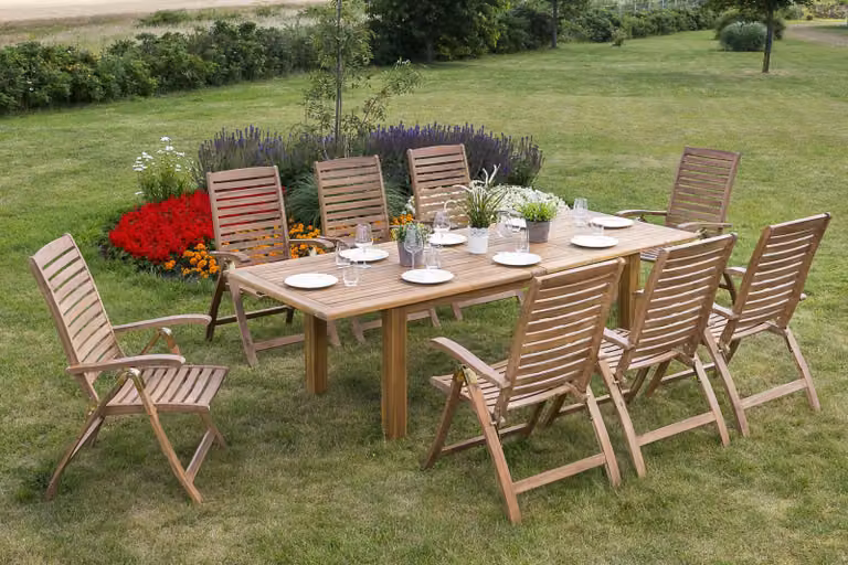 Set di mobili da giardino Merxx Paraiba, 9 pezzi, 8 sedie pieghevoli con schienale regolabile, tavolo allungabile a doppia estensione 180 (220/260) x 100 cm - acacia
