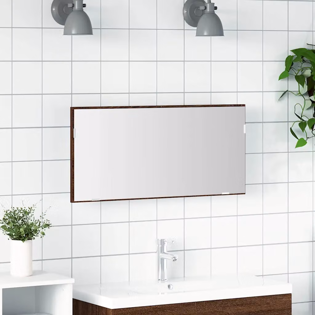 Specchio da parete moderno vidaXL con luce LED in vetro e legno, marrone, L: 80 cm, P: 37 cm