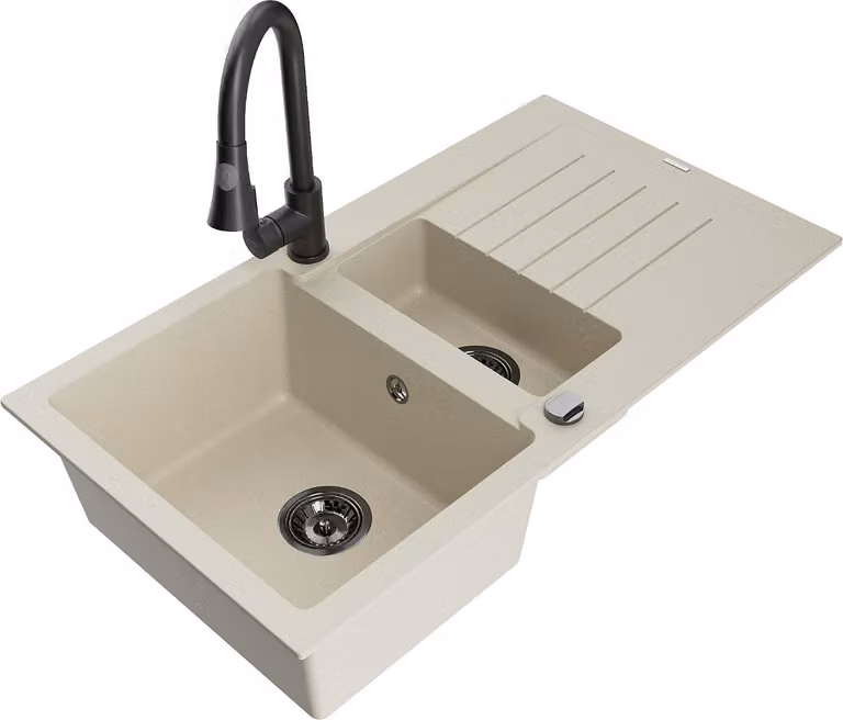 Mexen Matias lavello in granito 1,5 vasche con scolapiatti e rubinetto da cucina Elia, beige - 6502-69-670101-70