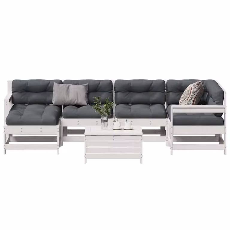 Set Salotto da Giardino vidaXL in Legno di Pino Massello con Cuscini Bianchi e Antracite, Composizione a L con Divano a 3 Posti e Pouf, 7 Pezzi