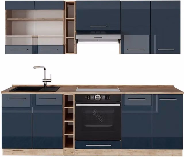 Cucina componibile moderna Fame-Line Vicco Blu scuro lucido e Rovere dorato L: 235 cm