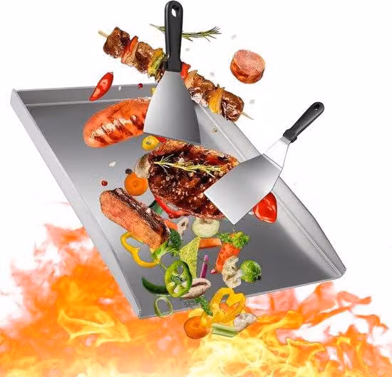 Piastra in acciaio inossidabile 40 x 30 cm per griglie a gas e a carbone - include 2 pinze per barbecue - senza perdite - facile da pulire - adatta al contatto con gli alimenti - piastra per barbecue da utilizzare su carrelli per griglie
