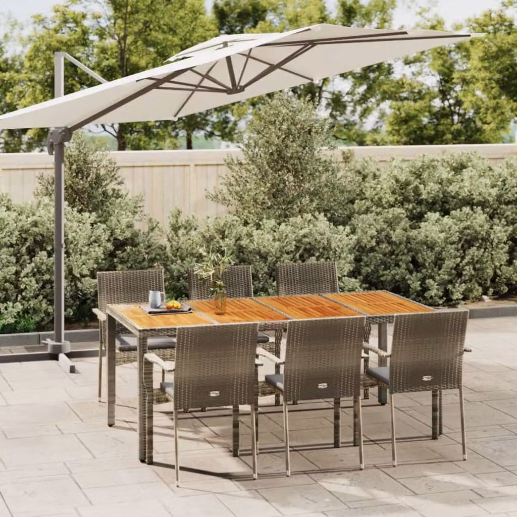 Set da pranzo da giardino vidaXL in polyrattan e legno di acacia con 7 pezzi e cuscini, colore grigio e marrone