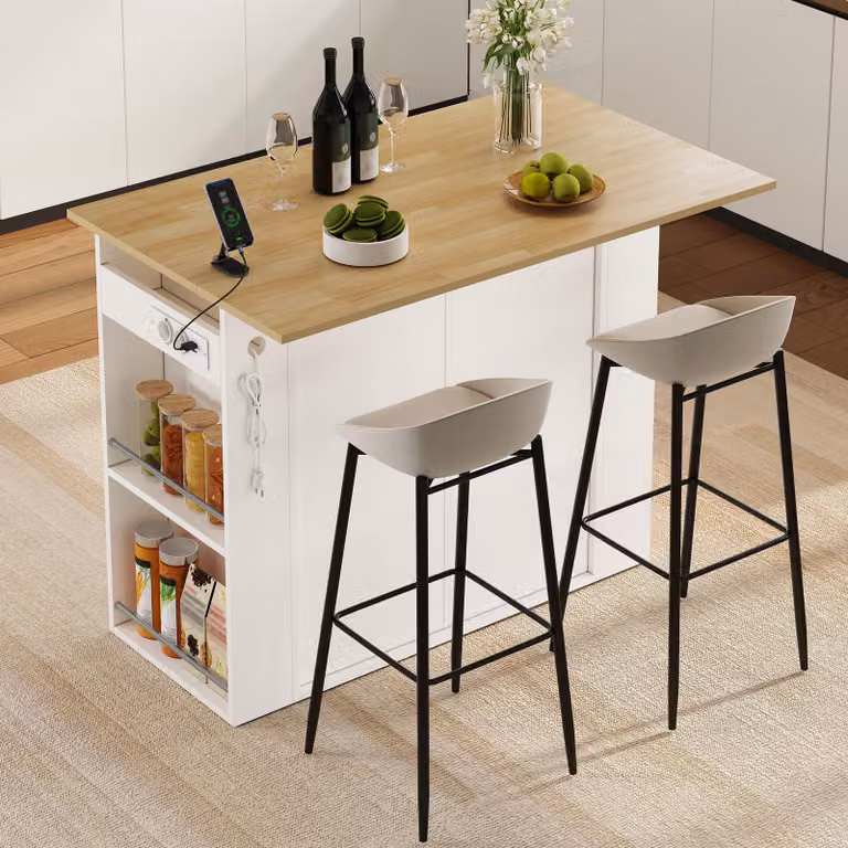 Isola da cucina MODFU con piano di lavoro pieghevole, pensile da cucina con presa di corrente e porta USB, bancone/tavolo da cucina 120 x 47–75 x 97 cm, bianco