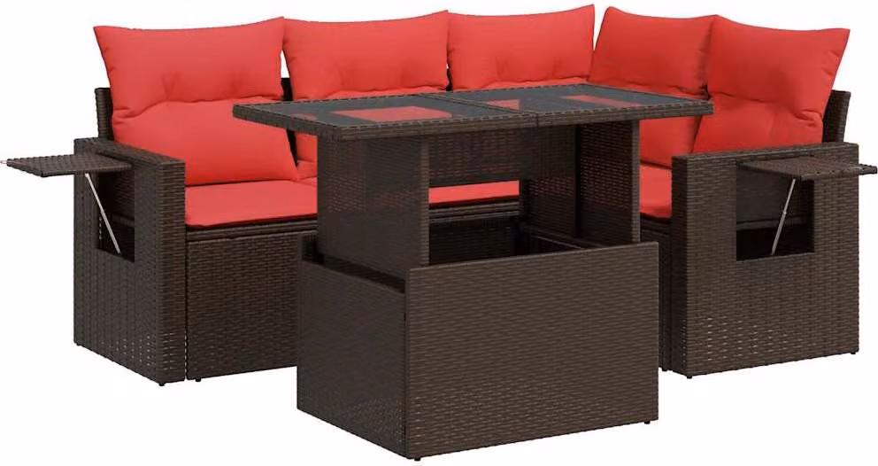 Set Divano Giardino 5 pz con Cuscini Marrone Polyrattan Acacia