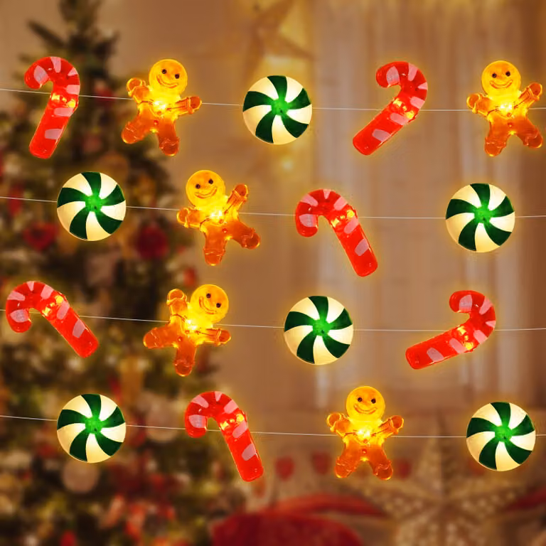 Catena luminosa da 3 metri, con 30 LED, a forma di omino di pan di zenzero, decorazione natalizia
