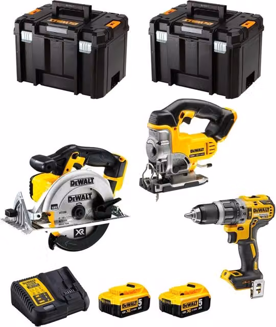 Kit DeWALT DWK300 Giallo con Avvitatore DCD796, Seghetto DCS331, Smerigliatrice DCS391, 2 Batterie da 5,0 Ah, Caricabatterie DCB115 e 2 Contenitori TSTAK VI