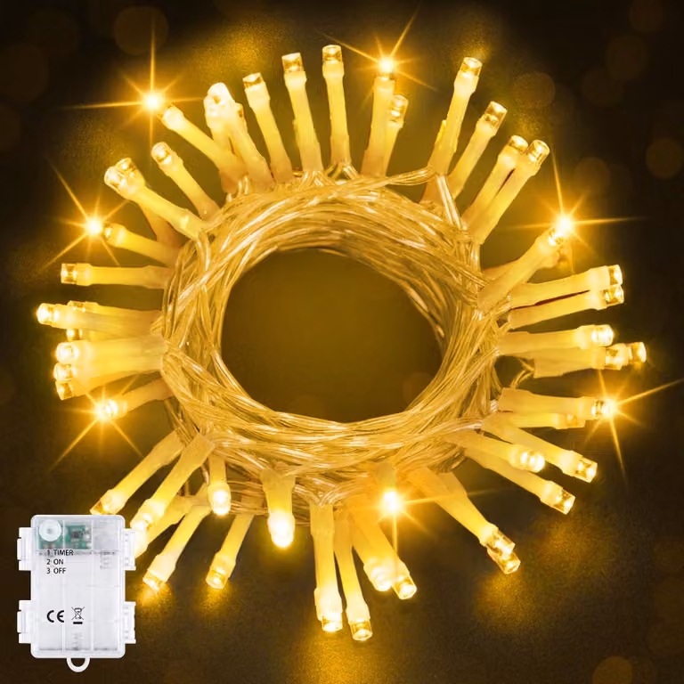 Catena luminosa a LED, 5 metri, 50 LED bianco caldo, con timer, grado di protezione IP65, cavo trasparente
