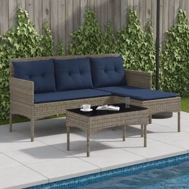 Set Divano da Giardino 2 pz Grigio e Blu Navy polyrattan 4103810