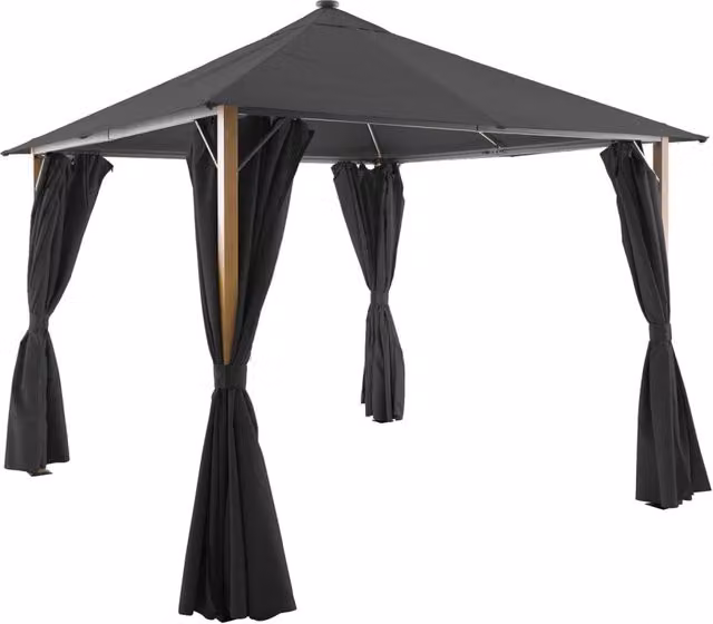 Gazebo da giardino 3x3m in alluminio effetto legno con tende e led,
