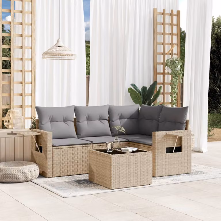 vidaXL Set Divano da Giardino a L 5 pz con Cuscini Beige e Tavolino in Vetro