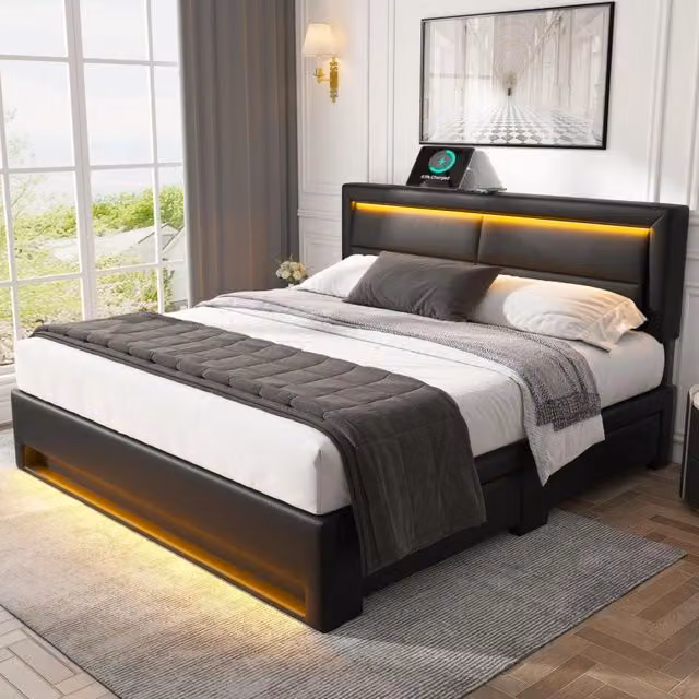 Letto imbottito 140x200 cm con LED; ricarica USB e wireless; 4 cassetti; similpelle nera