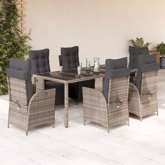Set da Pranzo da Giardino vidaXL in Polyrattan Grigio con Tavolo in Vetro e 9 Sedute con Cuscini