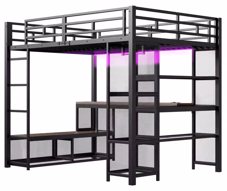 Letto a soppalco per bambini - 140 x 200 cm - Struttura in metallo/MDF - Spazio contenitivo con armadio aperto - Porta USB - Illuminazione LED - Colore: nero