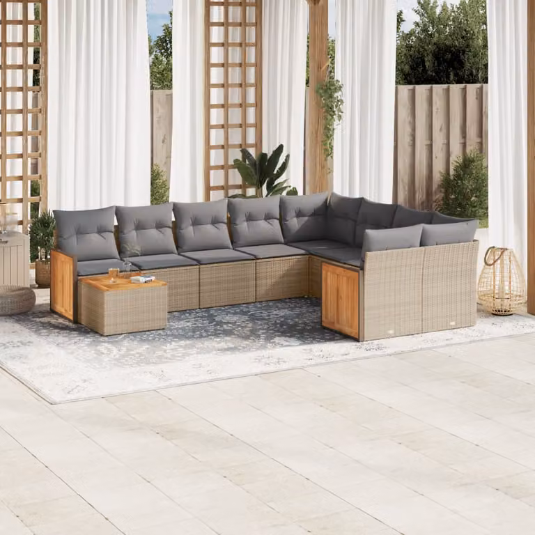 vidaXL Set Divano da Giardino 10 pz in Polyrattan con Cuscini Beige e Tavolino da Esterno