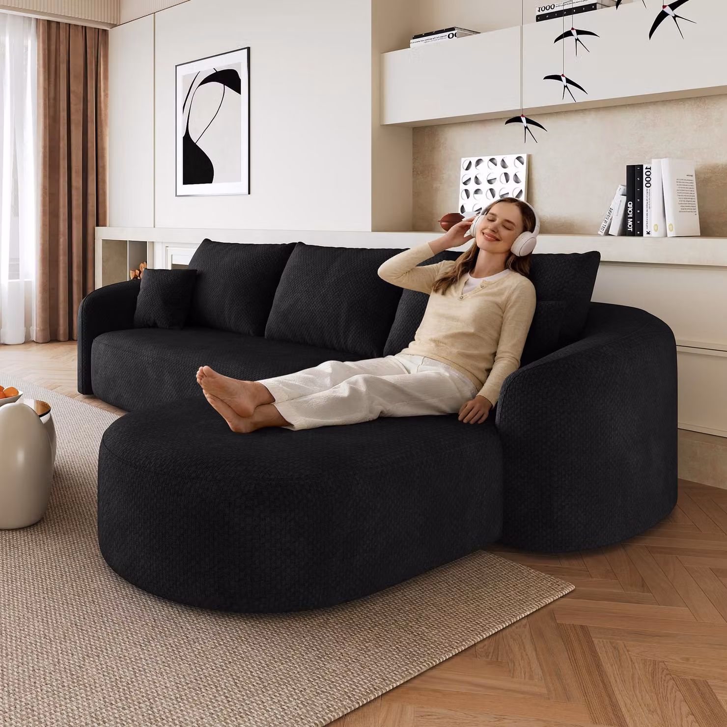 Divano angolare da 266 cm, divano compatto, senza braccioli, modulare, senza necessità di montaggio (nero)