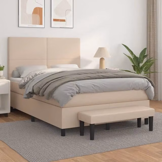 Letto con Giroletto a Molle e Materasso Ibrido vidaXL in Similpelle Beige e Bianco L/P/H: 193 x 144 x 128 cm – 1
