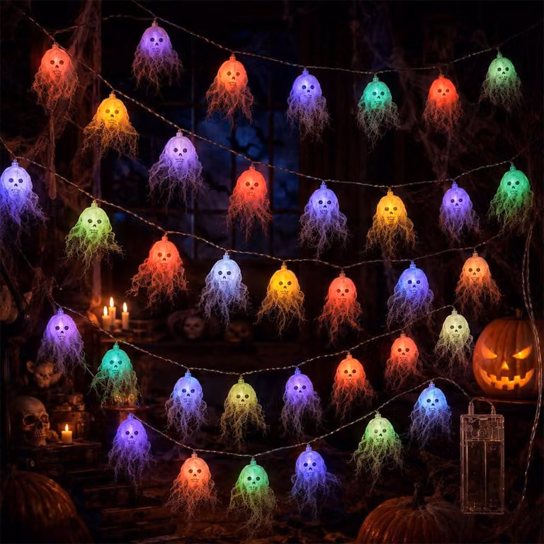 Catena luminosa a tema Halloween, 5 metri, 30 teschi colorati, LED
