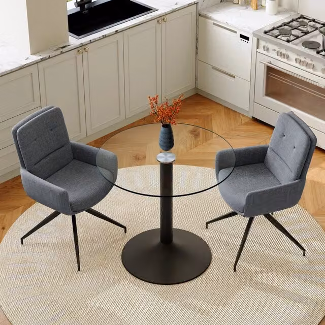 Set da pranzo OKWISH moderno con tavolo rotondo in vetro temperato trasparente e 2 sedie girevoli, colori nero e grigio