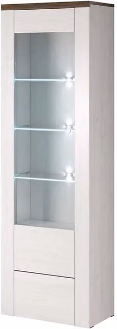 Vetrina alta design 1 porta collezione SANTIAGO. Colori bianco effetto legno e quercia.