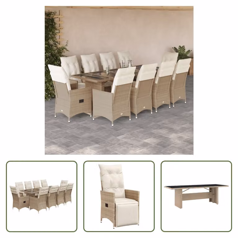 The Living Store Set bistrot da giardino 11 pezzi con cuscini Beige in poly rattan