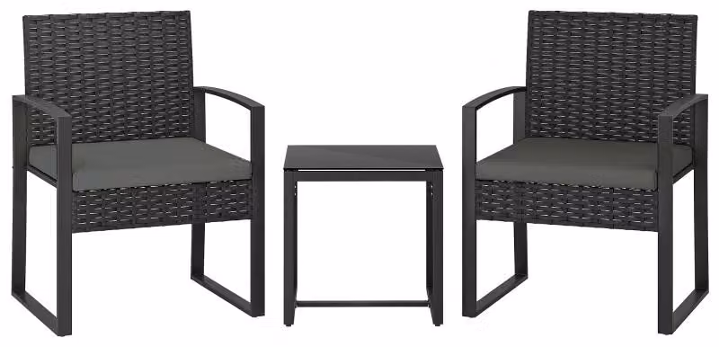 Set da bistrot in rattan, set di mobili da giardino composto da 3 pezzi con 2 sedie da giardino, tavolino, cuscini rimovibili grigio scuro
