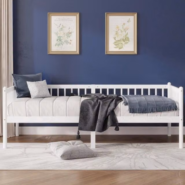 Letto Giorno Minimal in legno di pino bianco per bambini con ringhiera e doghe, L/P/H: 90 x 200 x 72,4 cm – 1