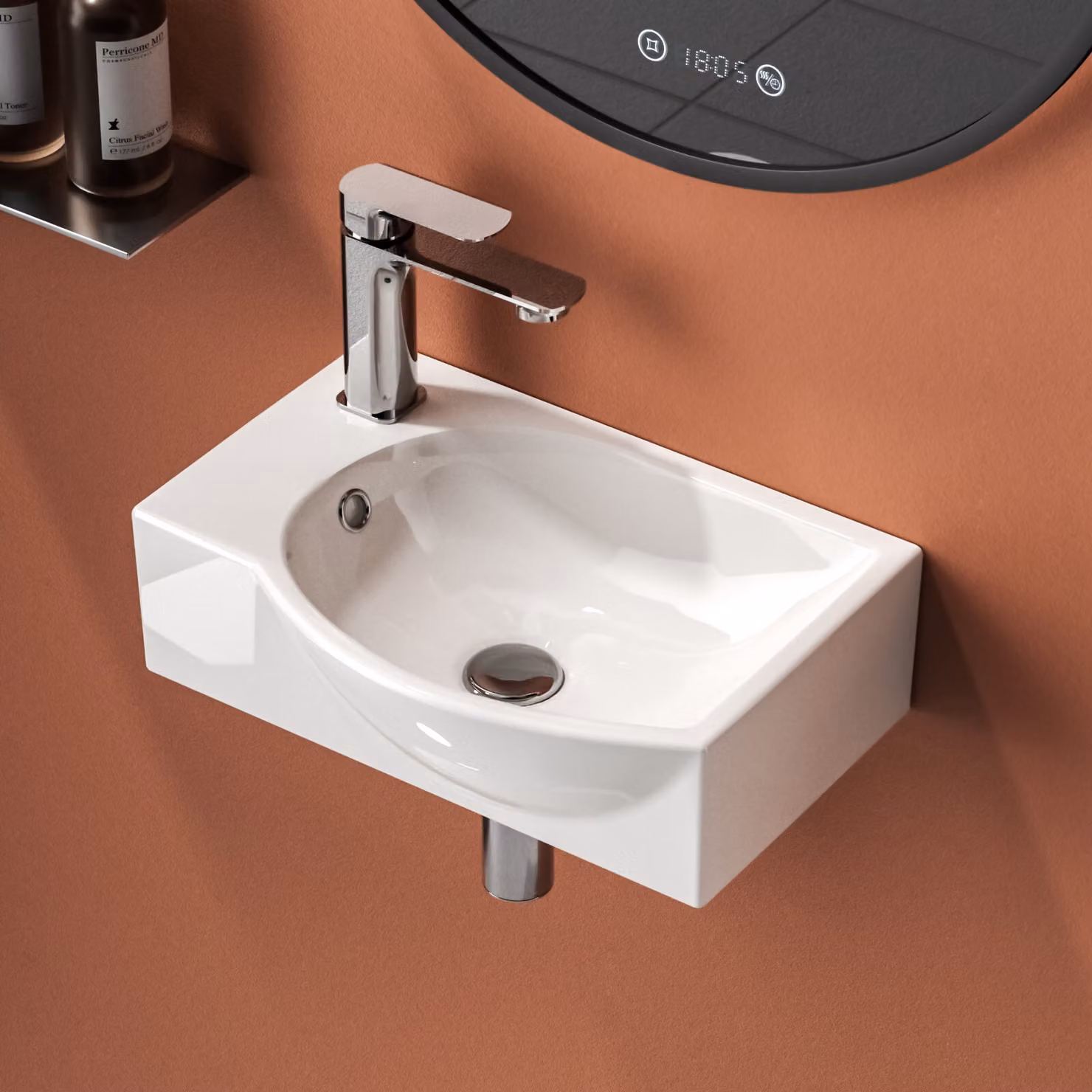 EMKE Lavabo asimmetrico con foro per rubinetto a sinistra Lavabo sospeso compatto per WC ospiti Lavabo piccolo per montaggio a parete