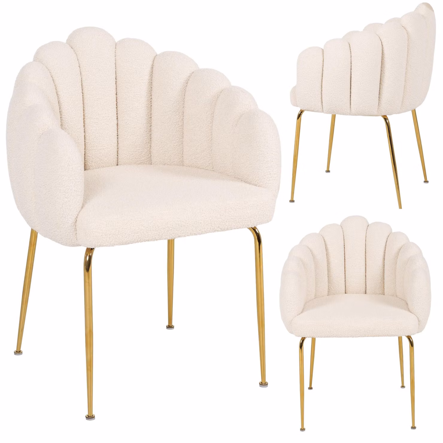 JUMI, poltrona imbottita FOGIA, elegante, stile glamour, rivestita in bouclé di lana effetto teddy