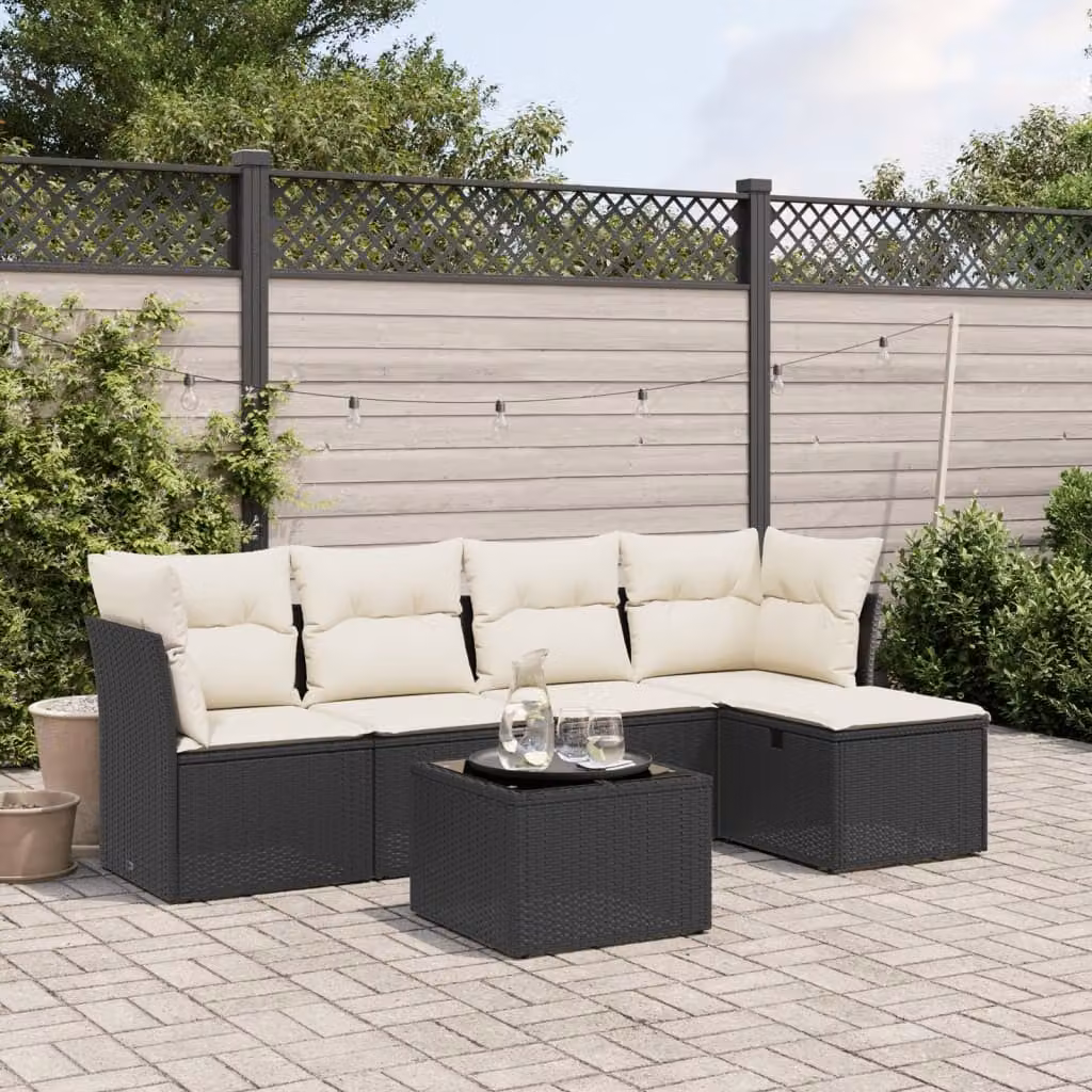 Set Divano da Giardino vidaXL 6 pz a Forma a L con Cuscini Nero e Tavolino in Vetro – 1