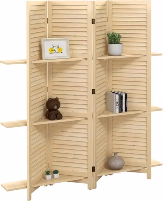 Paravent Libreria Minimal con 4 Pannelli e Ripiani Regolabili in Legno Naturale Beige, H 170 cm x L 160 cm