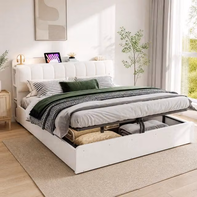 Letto contenitore idraulico 180x200 cm bianco con testiera USB e vani
