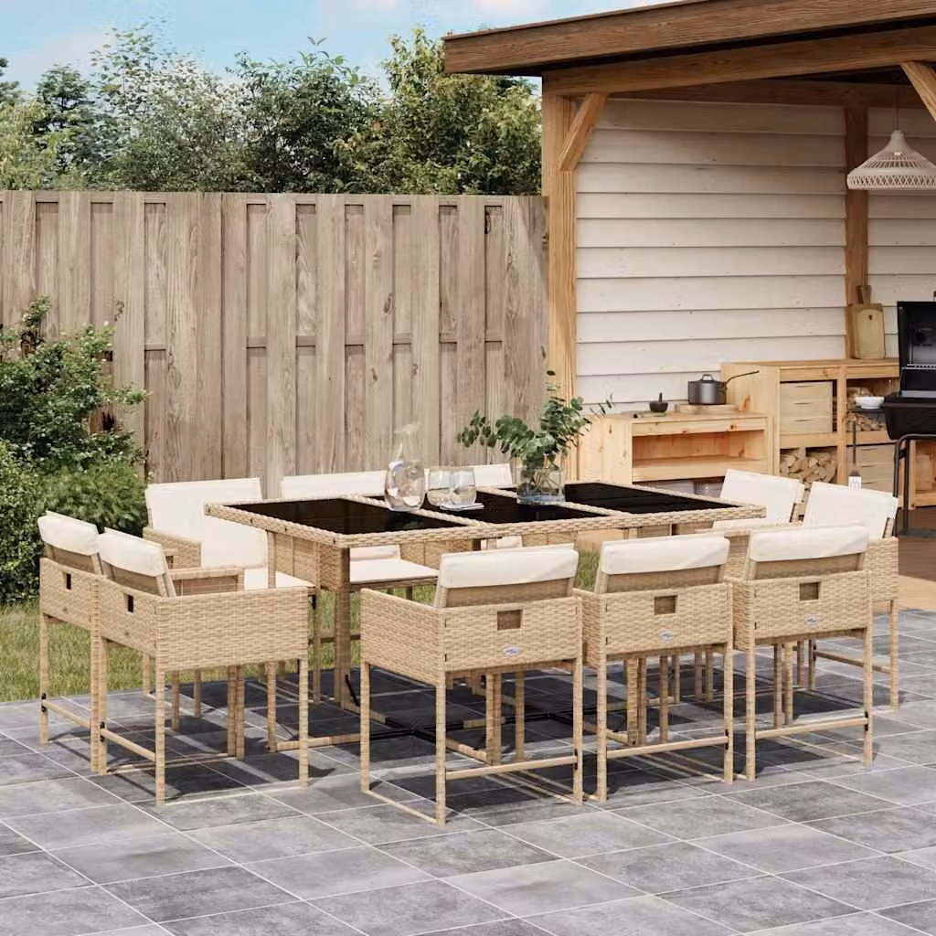 vidaXL Set da Pranzo da Giardino 11 pz in Polyrattan con Cuscini Beige e Piano in Vetro – 1