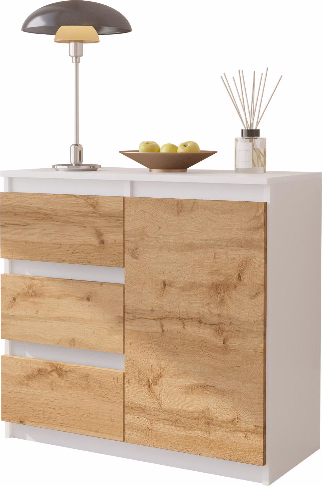 FURNICA - MIKEL - Cassettiera / credenza con 3 cassetti e 1 anta - Bianco opaco / Rovere Wotan H75cm L80cm P35cm