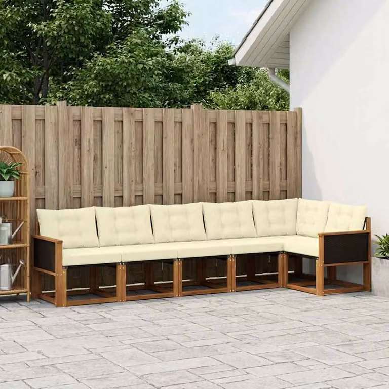 Set di divani da esterno vidaXL in legno di acacia con cuscini, composizione a L, colore beige e marrone
