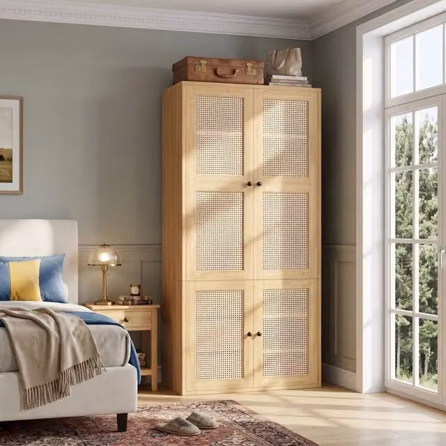 Armadio 90x47x200 cm con ante a battente e asta appendiabiti in MDF e rattan naturale