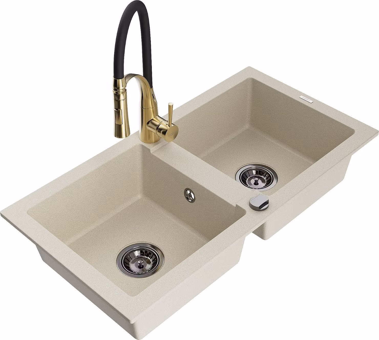 Mexen Mario lavello da cucina in granito a 2 vasche con rubinetto Aster, beige - 6504-69-73450-57-B