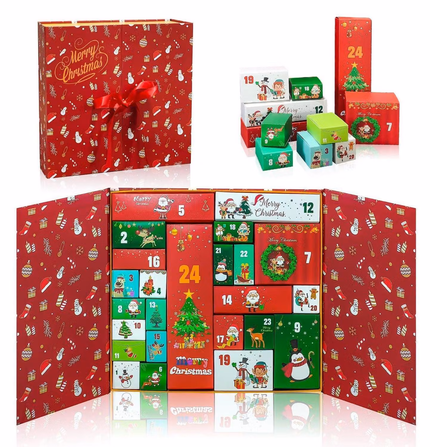 Calendario dell'Avvento da riempire, scatola regalo, colore rosso, 24 scomparti, dimensioni 33x30x8 cm