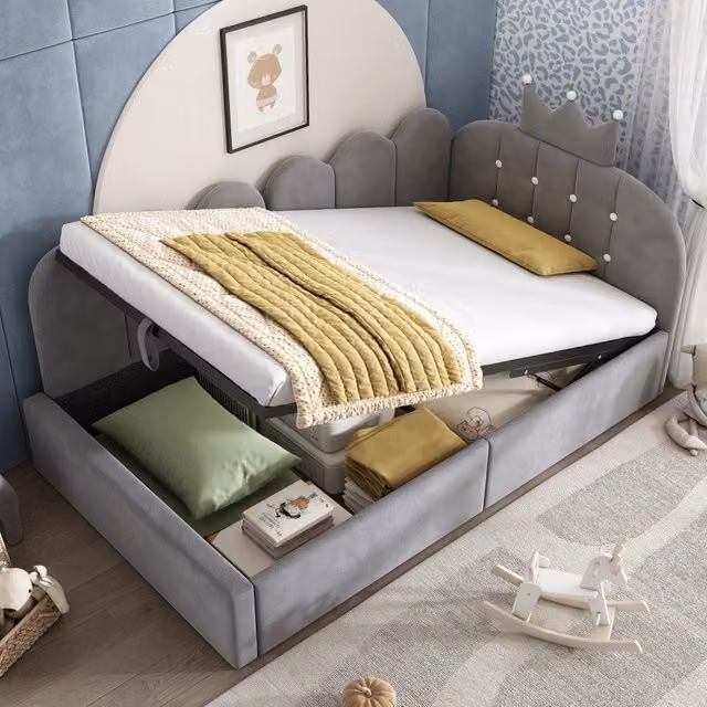 Letto singolo imbottito in velluto grigio con contenitore idraulico L/P/H: 200 x 90 x 36 cm