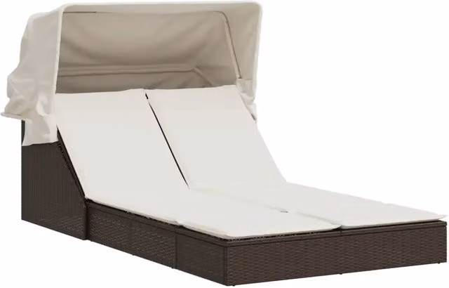 Sdraio da giardino doppia in polyrattan marrone e bianco con baldacchino e cuscini ergonomici