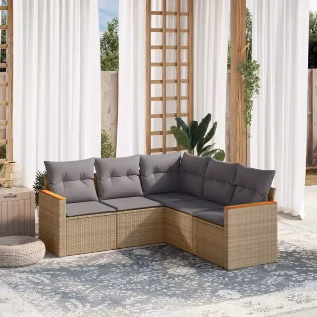Set Divano da Giardino 5 pz con Cuscini-Sofa da Giardino-Divanetto da esterno Beige in Polyrattan 451996