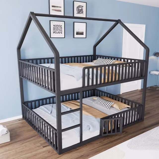 Letto a castello ULEVR 140x200 cm in metallo nero, struttura a casetta con scaletta e porticina