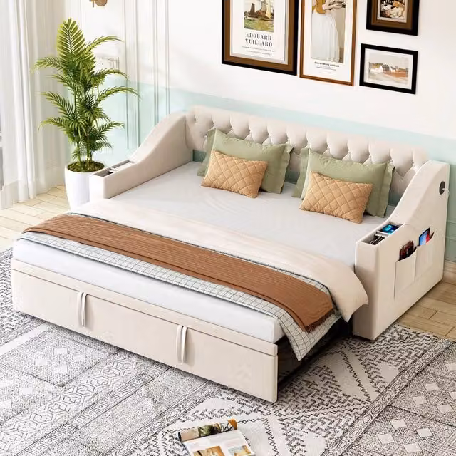Letto Imbottito con Rete a Doghe e USB ¨C MINIMAL ¨C Velluto Beige 90x190 / 180x190