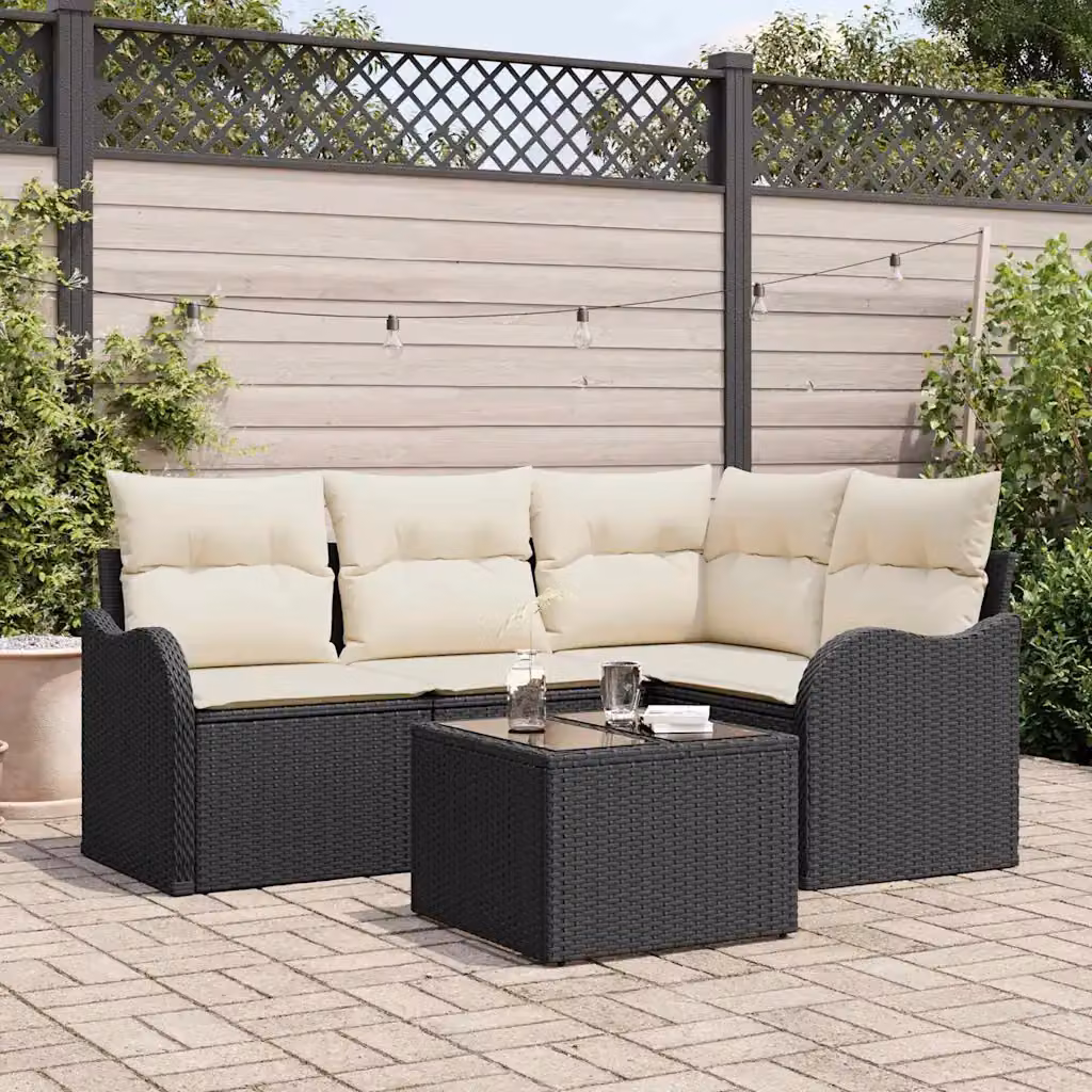 Set Divano da Giardino 5 Pezzi vidaXL in Polyrattan Marrone con Tavolino e Cuscini – 1