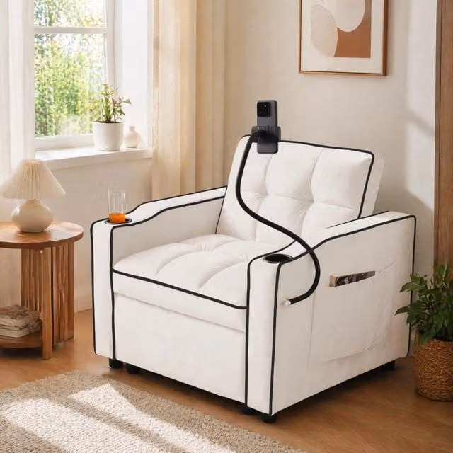 Poltrona letto estraibile 3 in 1 FOLYNA in velluto beige con schienale regolabile e portabicchieri L: 167 cm, P: 83 cm, H: 76 cm